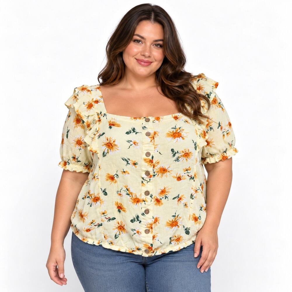 Maurices Womens Blouse Shirt Top Bubble Hem Ruffle Floral Yellow Orange 2X